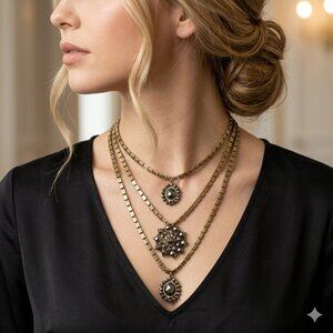 Bijou Drive antique gold 3 row layered necklace with hematite stone clusters